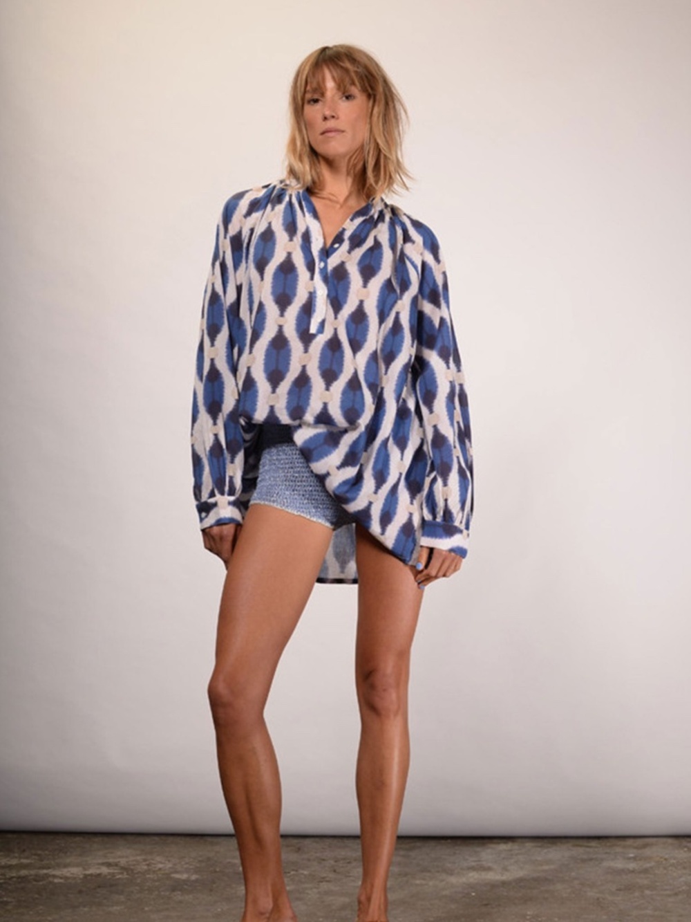 V. De Vinster Blue Long Sleeve Ikat Blouse Women's Medium Oversized Top Bohemian